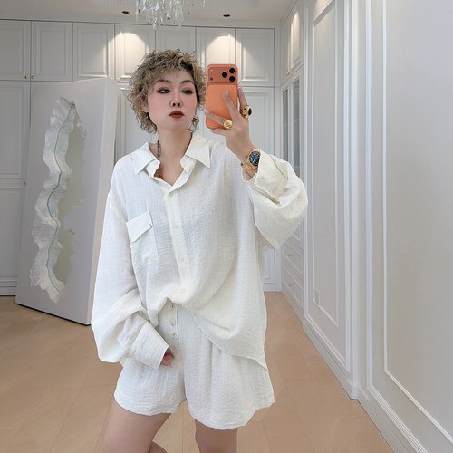 大码女装胖mm衬衫短裤两件套装