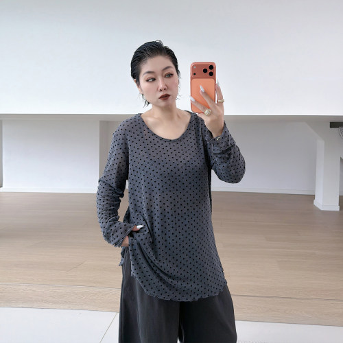 大码女装胖mm植绒波点t恤