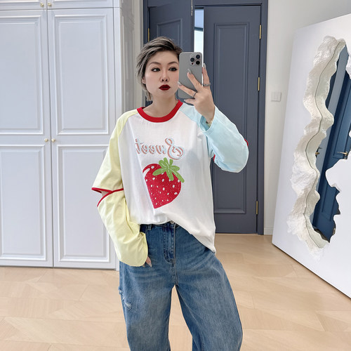 大码女装胖mm撞色减龄长袖t恤