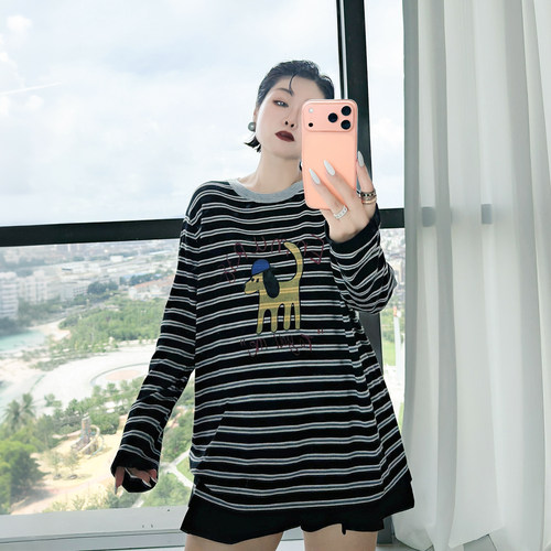 大码女装胖mm条纹休闲风针织衫