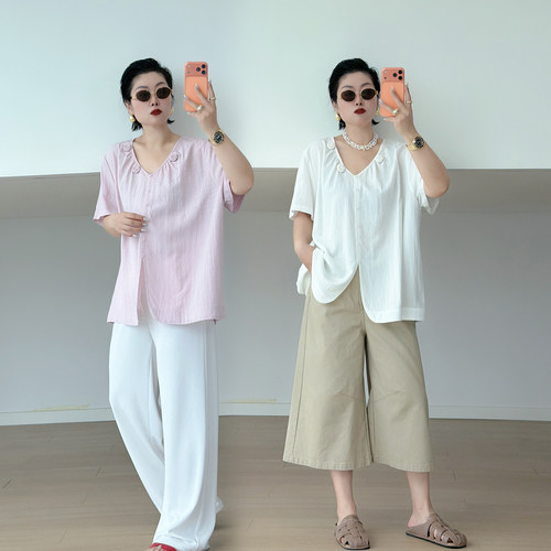 大码女装胖mm立体玫瑰短袖衬衫