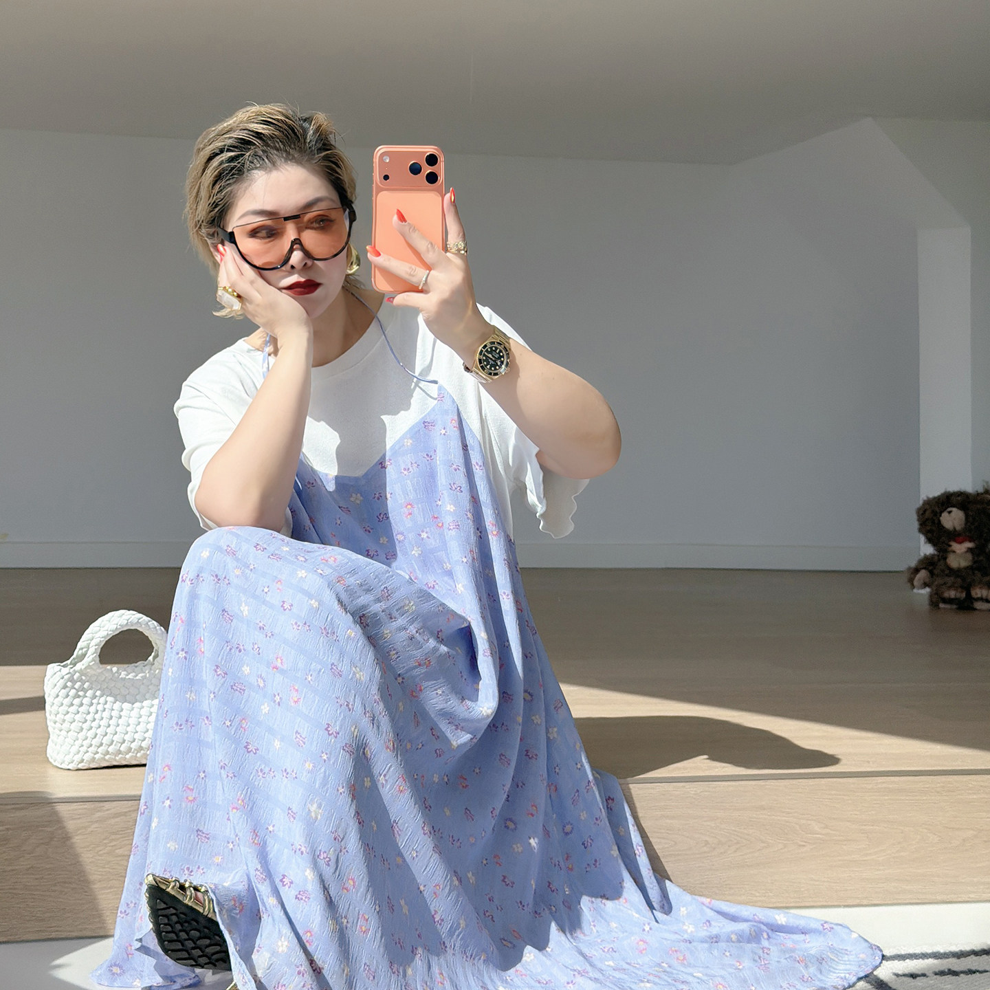 大码女装假两件碎花连衣裙胖mm宽松显瘦遮肉200斤文艺长裙子夏季