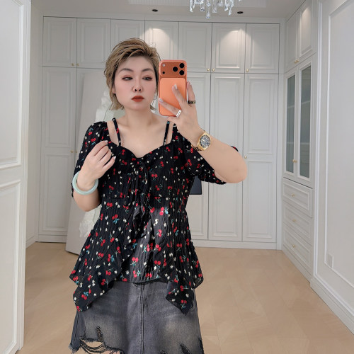 大码女装胖mm碎花显瘦甜美上衣