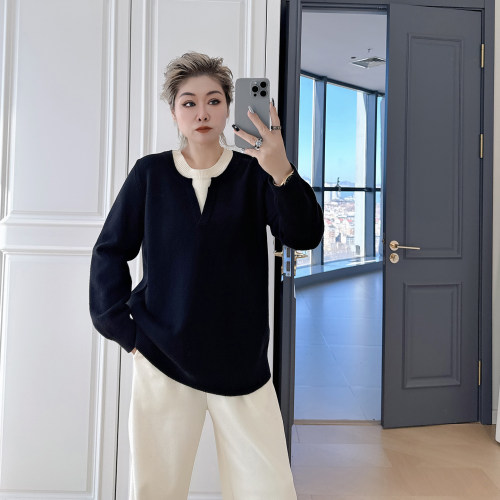 大码女装胖mm假两件休闲风针织衫