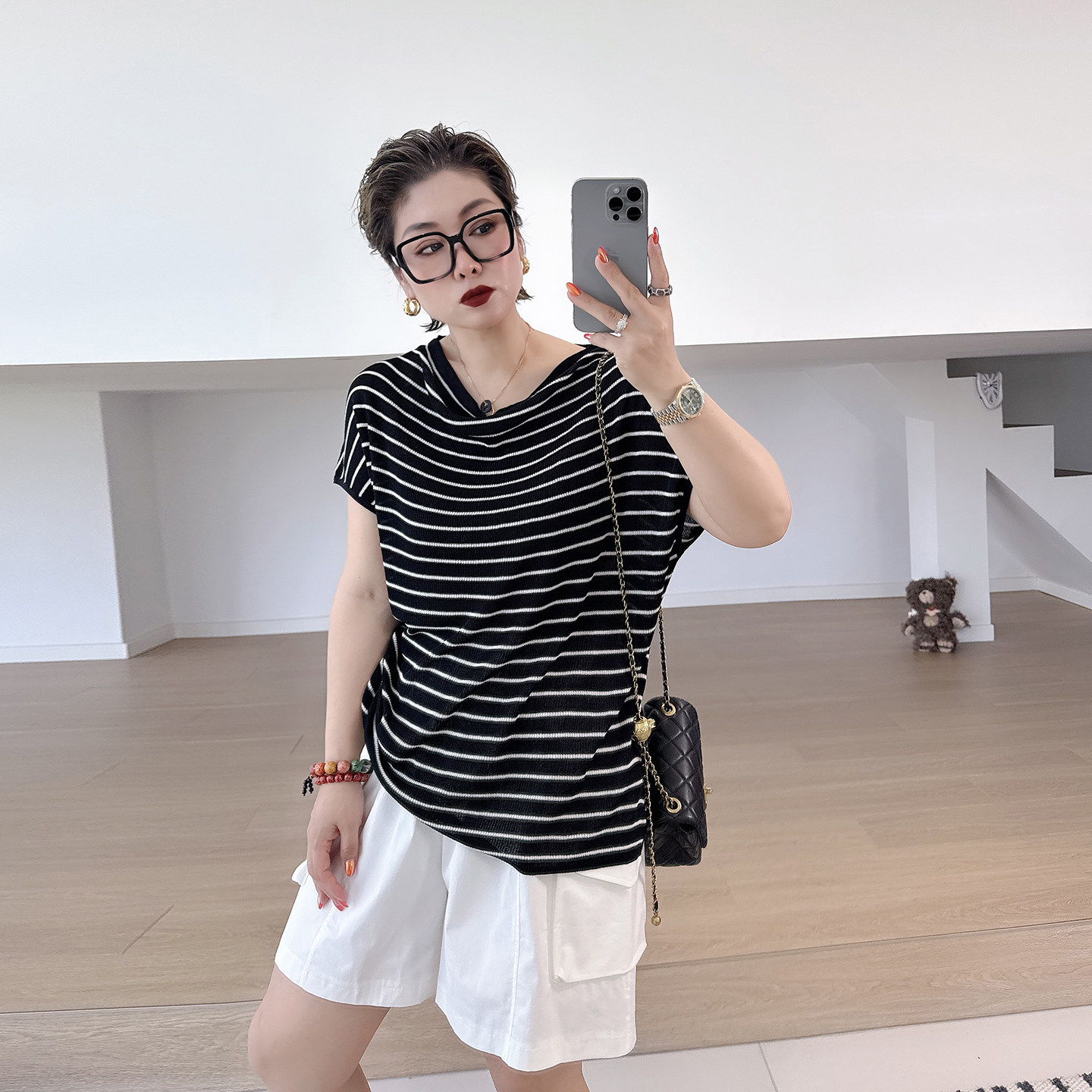 慵懒风条纹大码女装潮t恤上衣200斤胖mm小众别致蝙蝠袖短袖针织衫