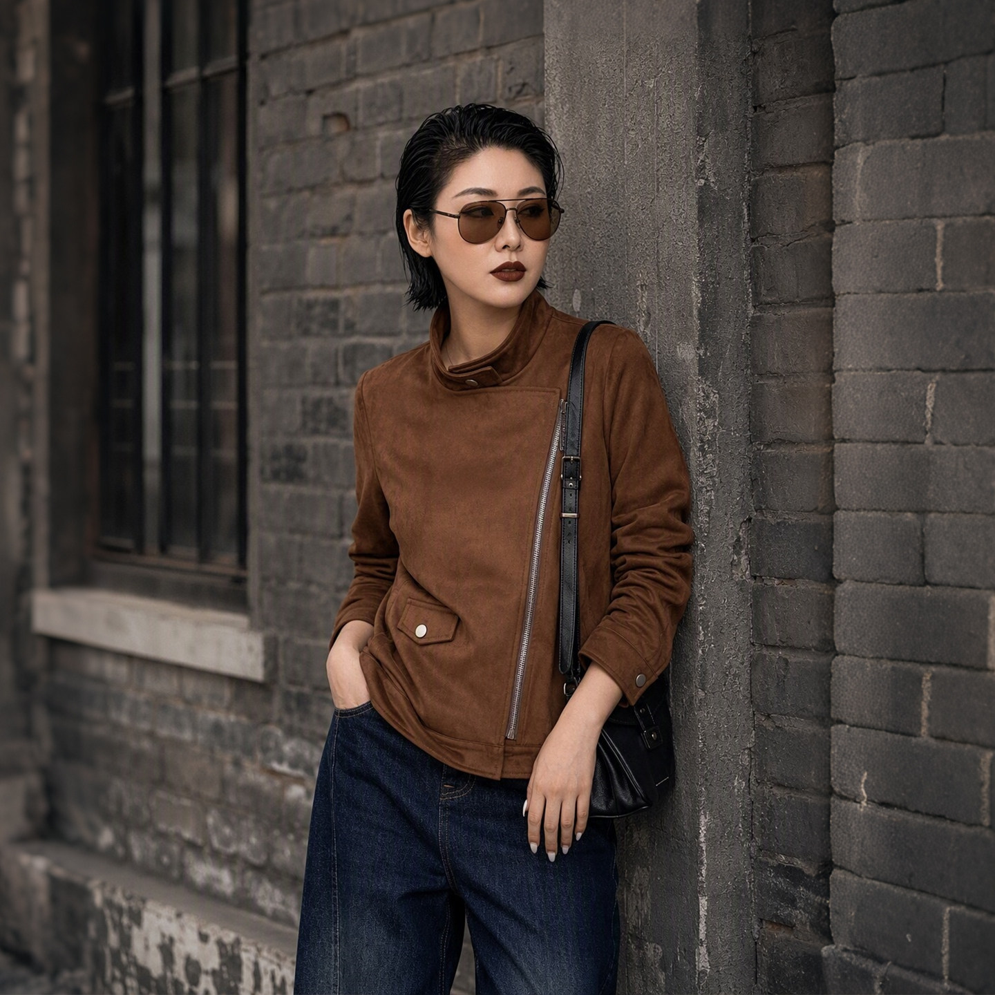 全脂家2026秋季大码女装麂皮立领机车外套200斤胖mm休闲百搭夹克