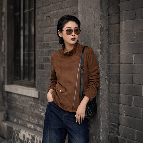 大码女装胖mm麂皮立领机车外套