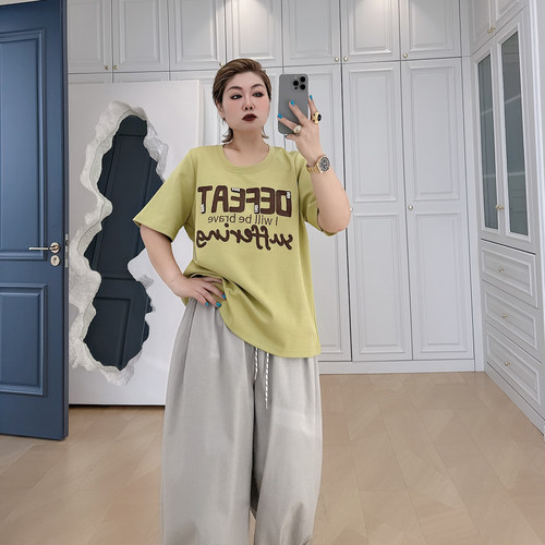 大码女装胖mm美式复古短袖t恤
