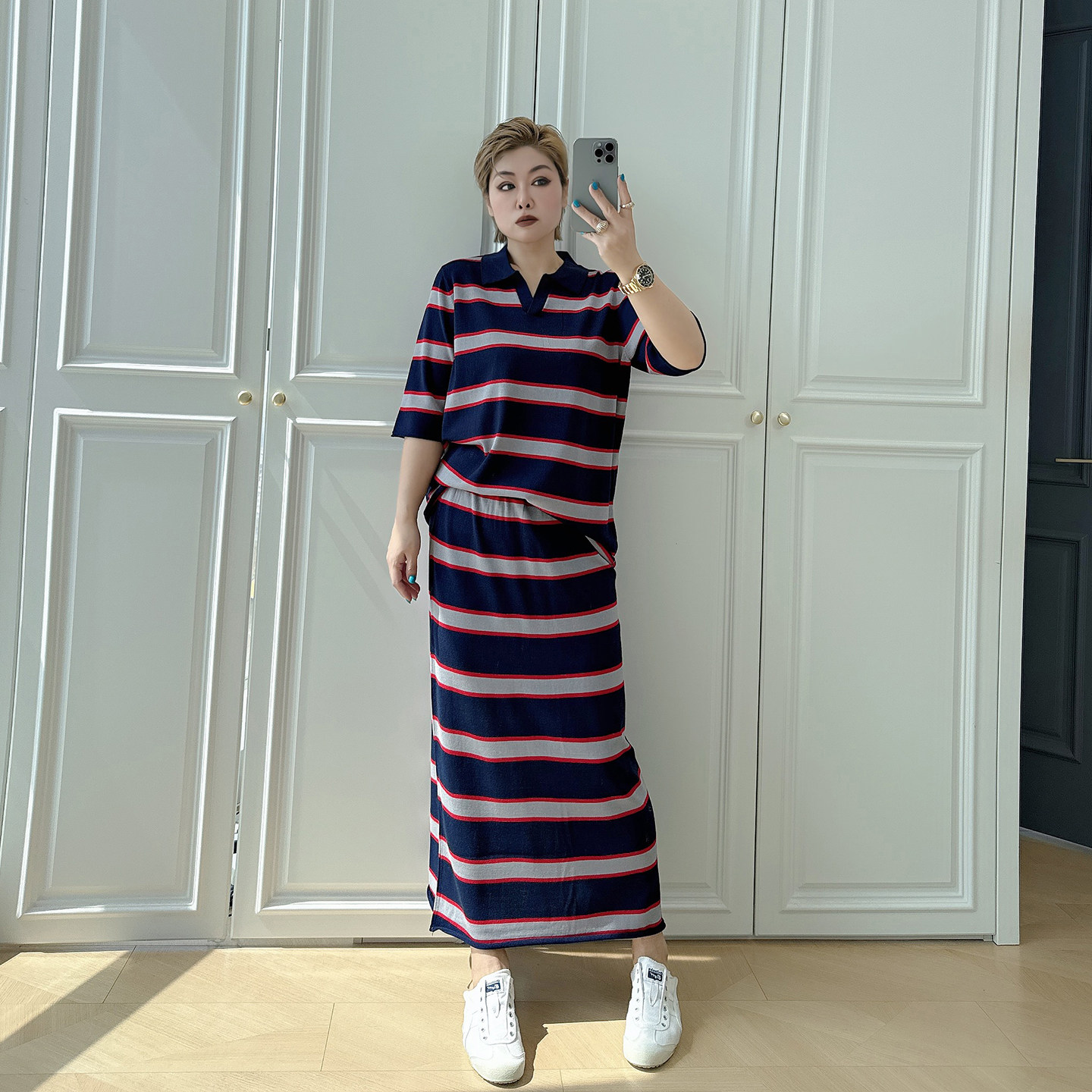 2026新款大码女装潮条纹套装200斤胖mm冰丝短袖针织半身裙两件套