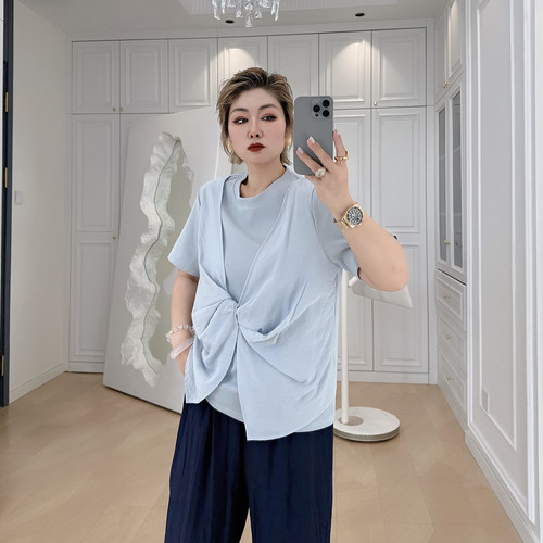 大码女装胖mm扭结t恤衫