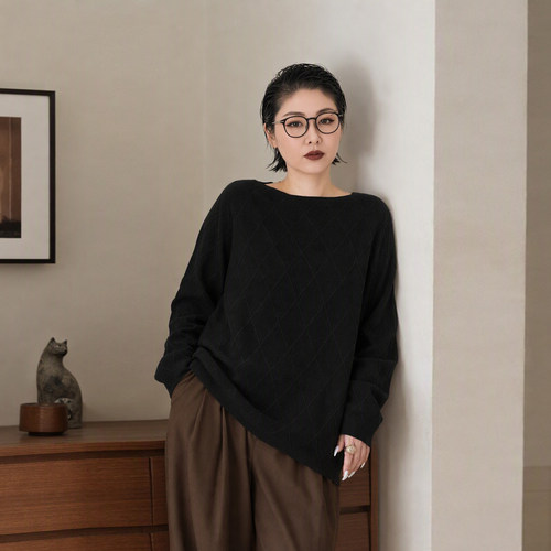 大码女装胖mm一字领松弛感针织衫