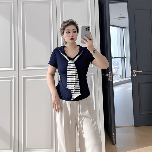 大码女装胖mm假两件条纹披肩t恤