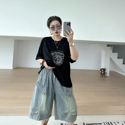 大码女装胖mm工装阔腿七分裤