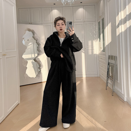 大码女装胖mm加绒卫衣阔腿裤套装