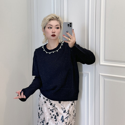 大码女装胖mm小香风重工钉珠毛衣