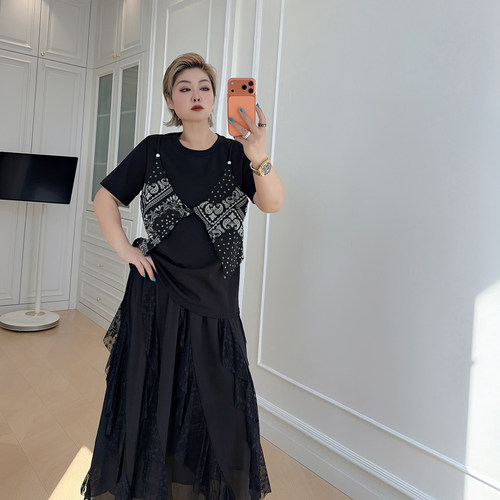 大码女装胖mm假两件显瘦短袖t恤