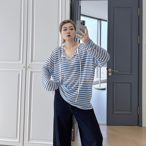 大码女装胖mm条纹针织防晒罩衫