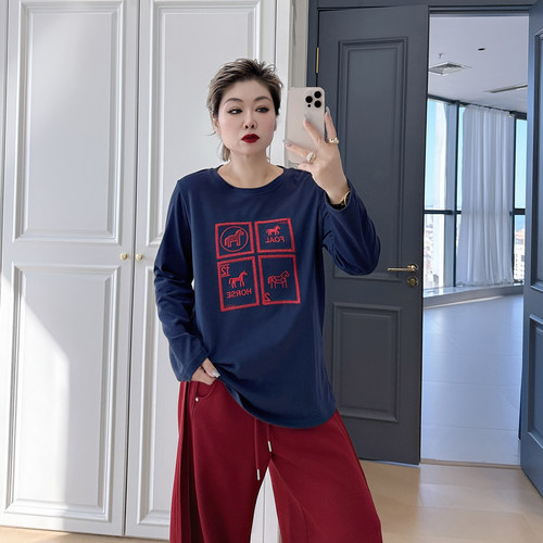 大码女装胖mm刺绣减龄百搭上衣