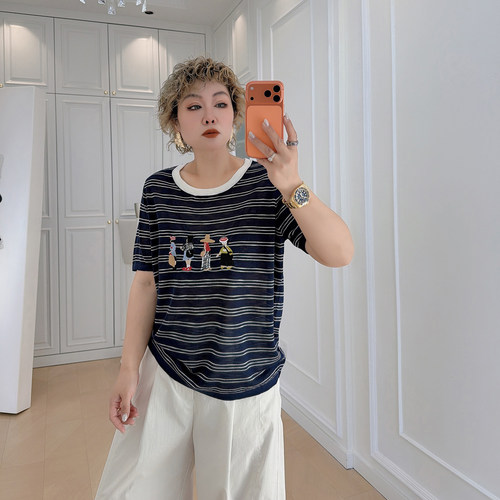 大码女装胖mm条纹针织短袖t恤