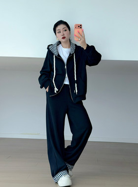 大码女装胖mm美式连帽卫衣套装
