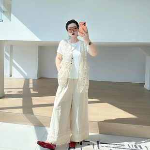 夏季v领蕾丝马甲大码女装雪花棉t恤200斤胖mm阔腿裤气质三件套装