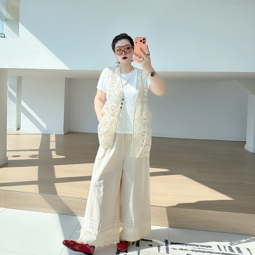 大码女装胖mm马甲t恤阔腿裤套装