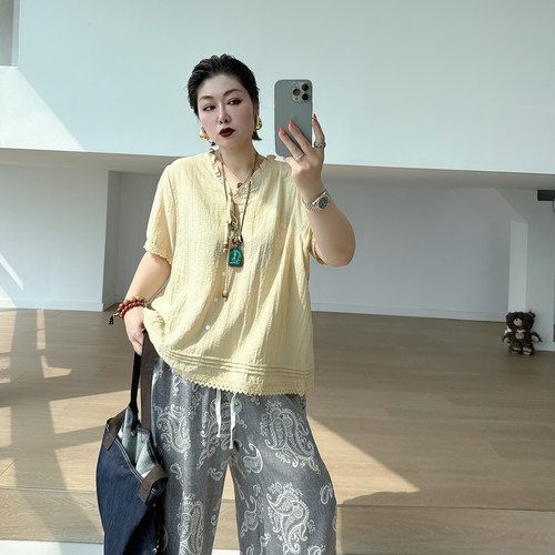 大码女装胖mm系带单排扣上衣