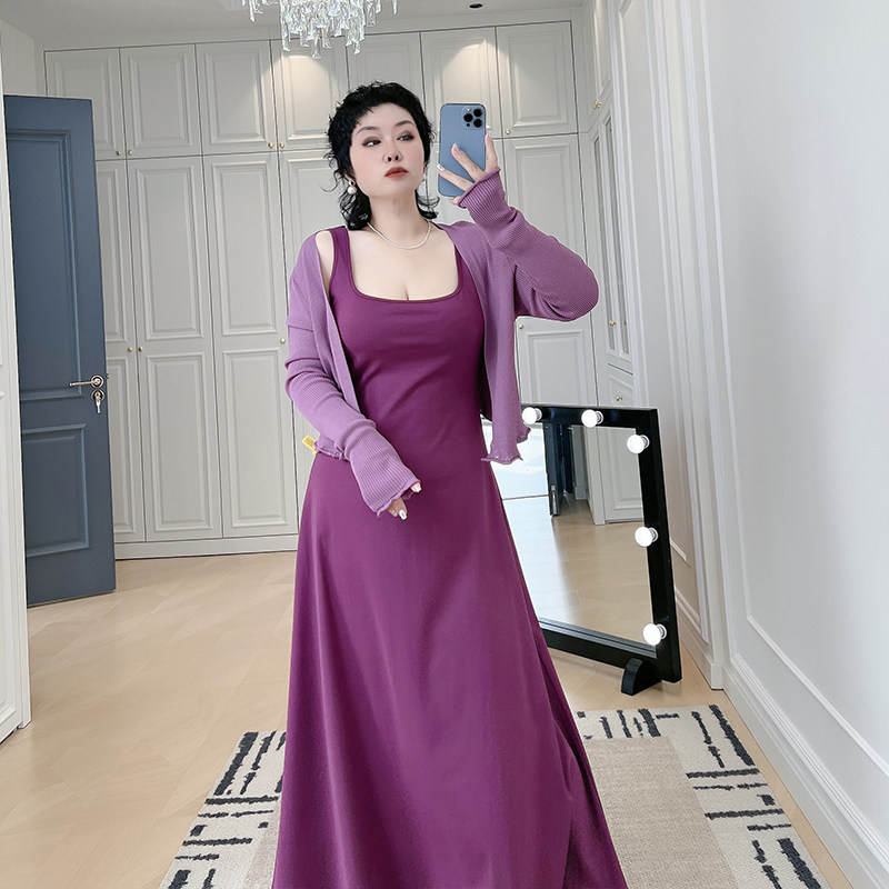 法式高级感两件套大码女装200斤胖mm长袖针织开衫背心吊带连衣裙