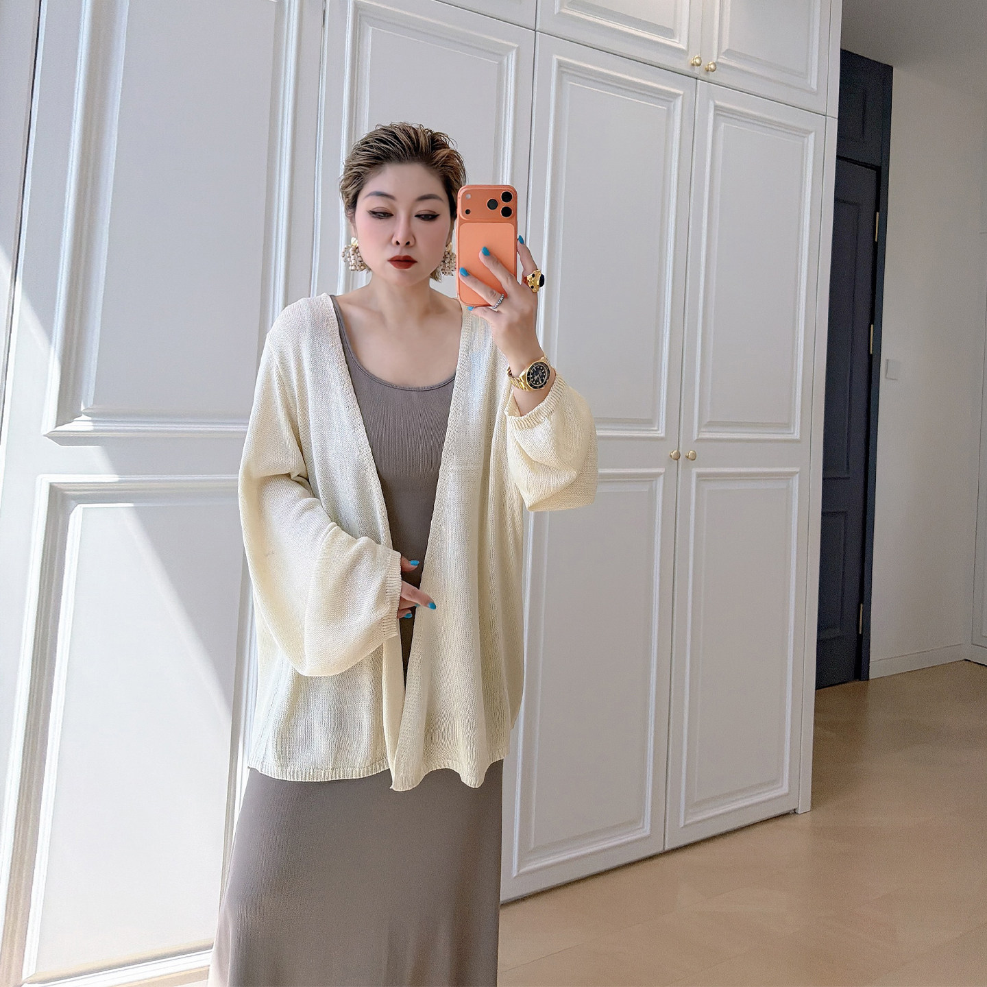 大码女装胖mm灯笼袖针织开衫图片