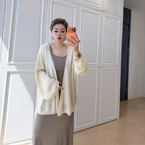 大码女装胖mm灯笼袖针织开衫