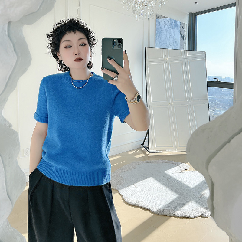 全脂家 秋季纯色大码女装胖mm圆领打底衫短袖织衫毛衣上衣针织衫