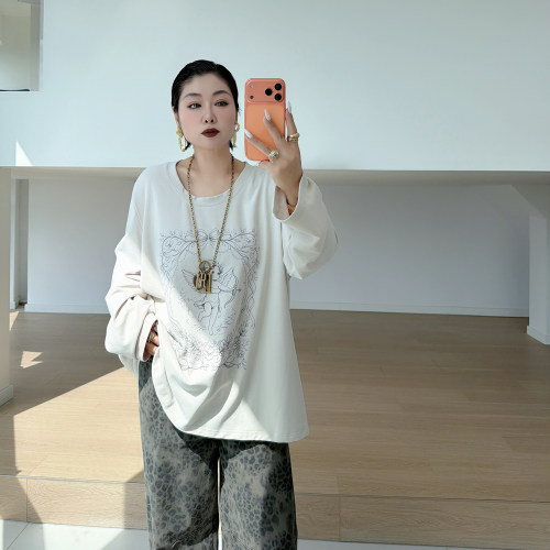 大码女装胖mm复古简约长袖t恤