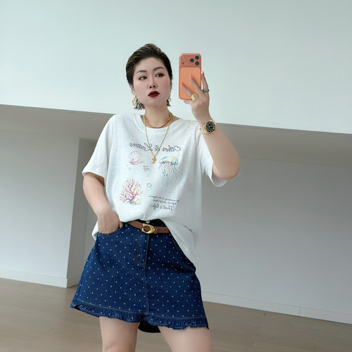大码女装胖mm俏皮牛仔短裤裙