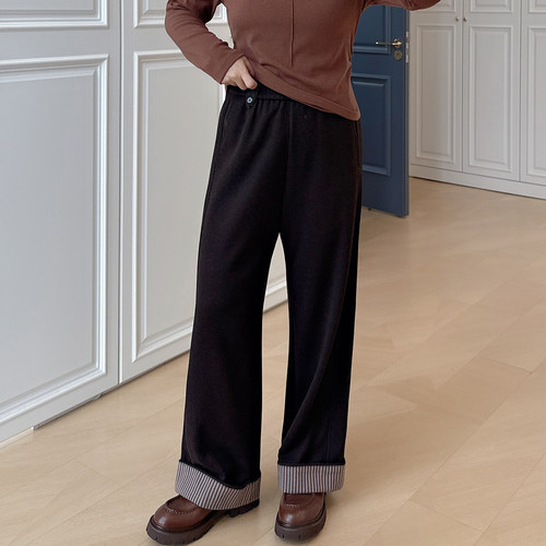 大码女装胖mm条纹卷边直筒长裤