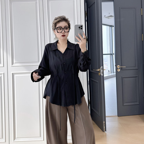 大码女装胖mm设计感系带翻领衬衫