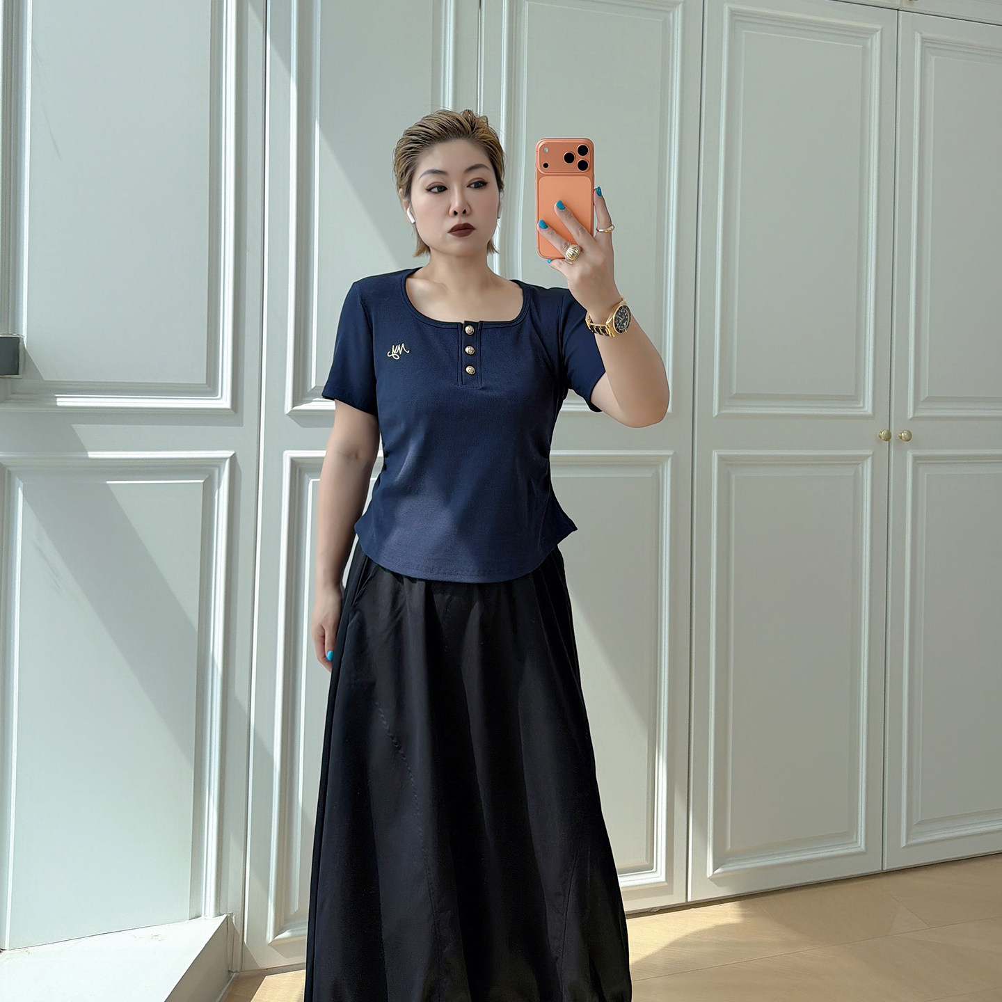 半开U领正肩短袖t恤大码女装修身捏褶收腰200斤胖mm显瘦连衣长裙