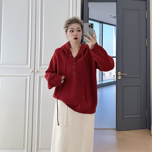 大码女装胖mm纯色连帽半开扣毛衣