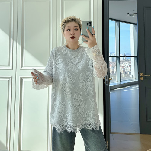 大码女装胖mm重工蕾丝减龄t恤衫