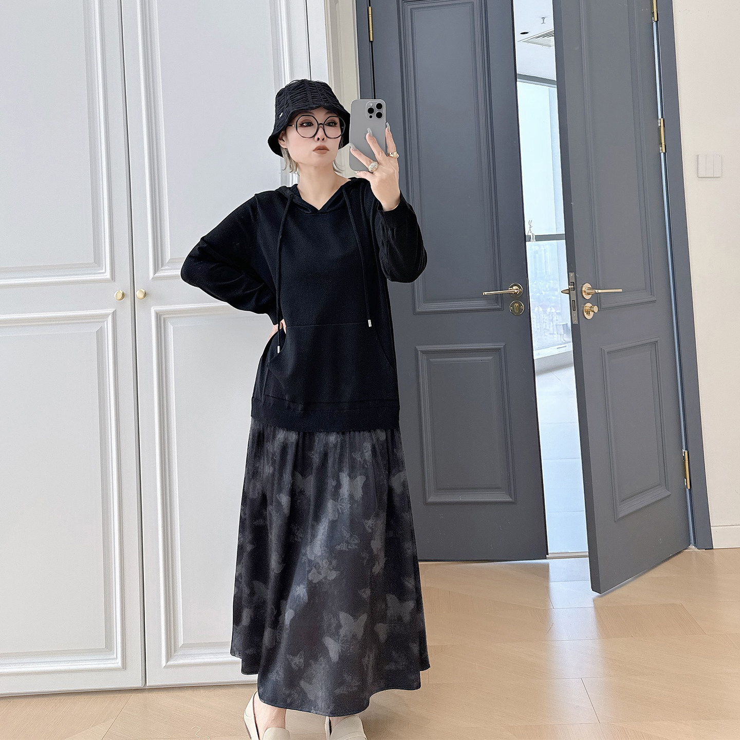 设计感假两件国风大码女装减龄慵懒显瘦200斤胖mm休闲连帽连衣裙