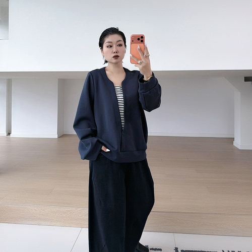 大码女装胖mm假两件条纹卫衣