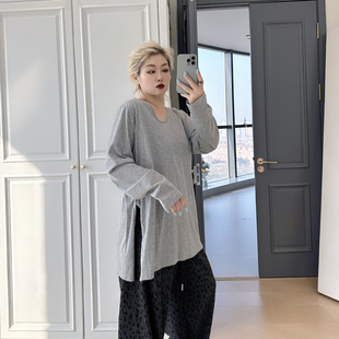 宽松藏肉t恤衫 简约风长袖 圆领大码 女装 潮上衣 200斤胖mm慵懒风大版