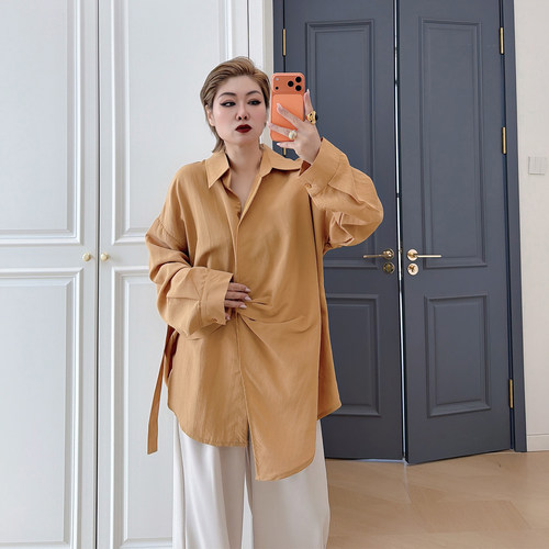 大码女装胖mm休闲收腰显瘦衬衫