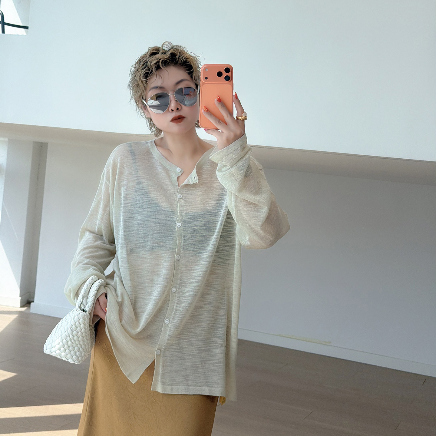 大码女装胖mm薄款麻感针织开衫图片