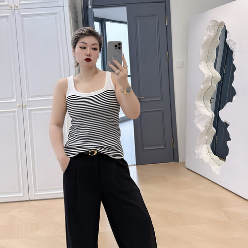 大码女装胖mm复古撞色条纹背心