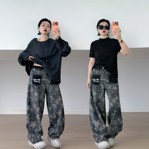 大码女装胖mm复古星星牛仔裤