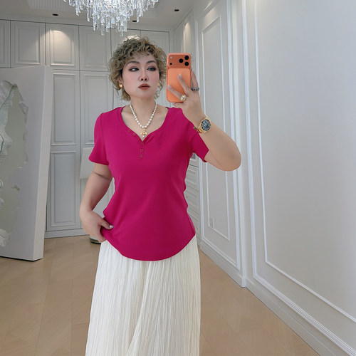 大码女装胖mm纯色V领正肩短袖t恤
