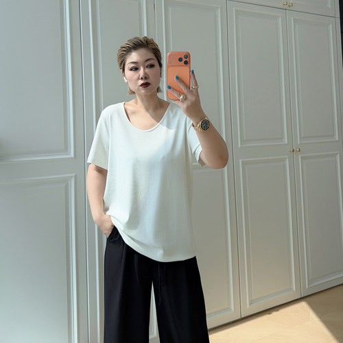 大码女装胖mm简约正肩短袖t恤