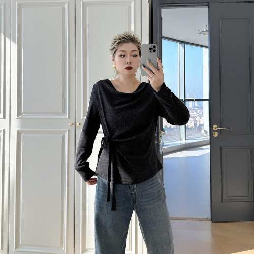 大码女装胖mm收腰荡领打底衫