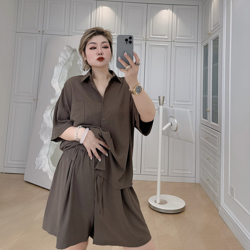 大码女装胖mm短袖衬衫短裤套装