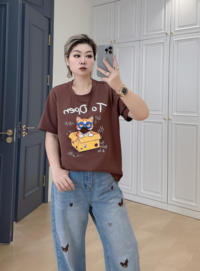 时髦百搭减龄大码女装宽松短袖上衣200斤胖mm圆领套头藏肉潮t恤衫